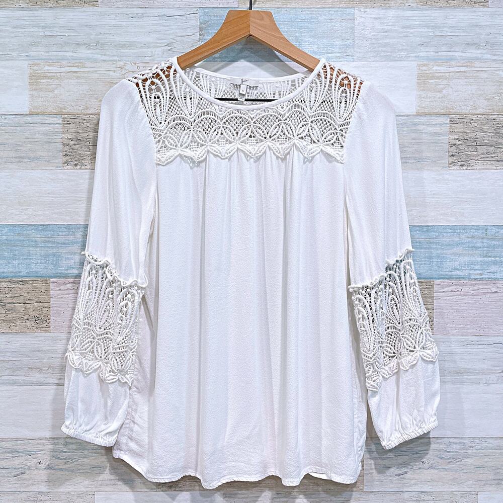 JOIE Coastal Lace Crochet Trim Top Blue Porcelain White Relaxed Fit Womens Small